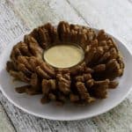 A deep fried outback steakhouse blooming onion and dipping blooming onion sauce on a plate.