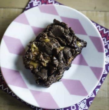 Caramel Turtle Brownie made from a box cake mix.
