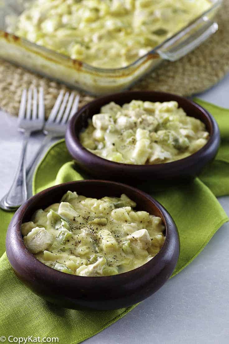 two bowls of a chicken casserole recipe made with pasta