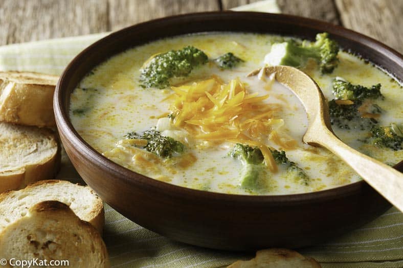 a bowl of broccoli cheese soup