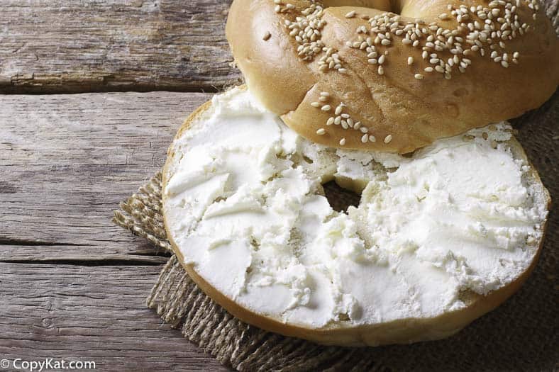 Cream cheese spread from Zabar's on a bagel.