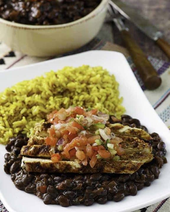 a plate of mexican vegan black beans
