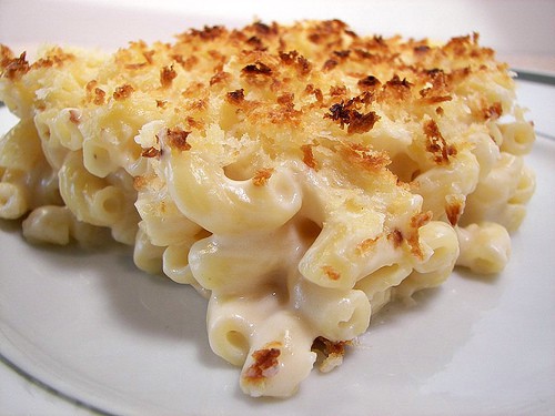 a serving of homemade mac and cheese on a plate.