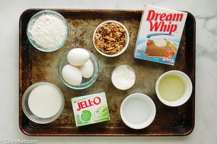 Ingredients for Pistachio Cake, pudding mix, eggs, dream whip, and more