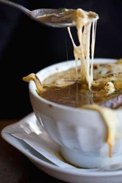 a bowl of copycat Brown Derby French Onion Soup.