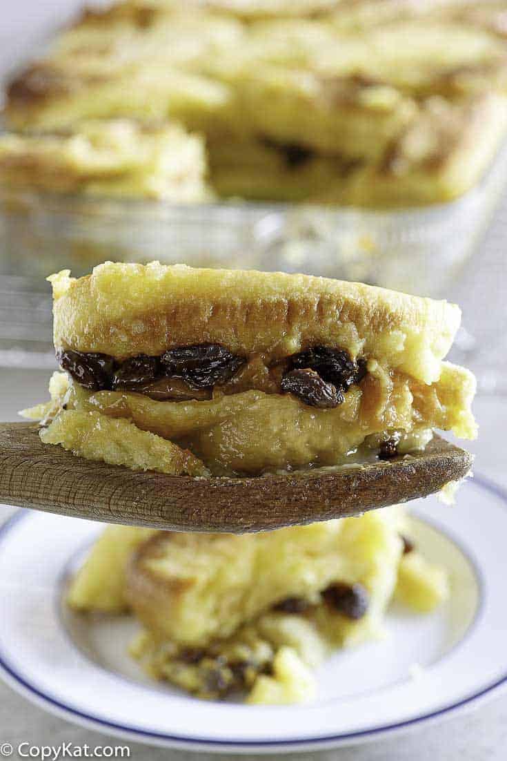 A piece of homemade Raglan Road Bread Pudding with raisins