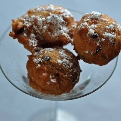 blueberry pancake puppies with white chocolate chips.