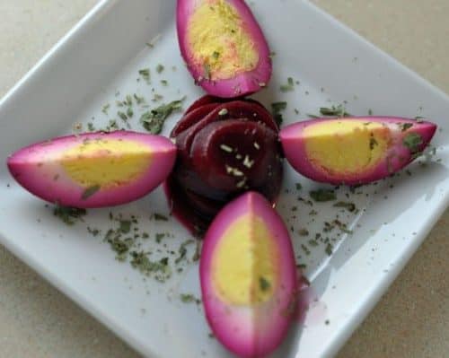 Hard boiled eggs dyed with beets