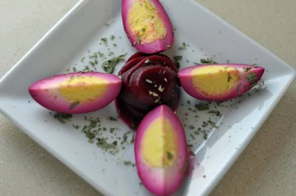 Hard boiled eggs dyed with beets