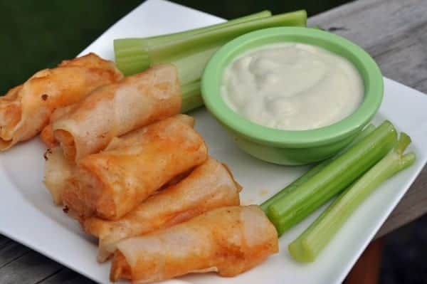buffalo chicken spring rolls, celery, and blue cheese dressing
