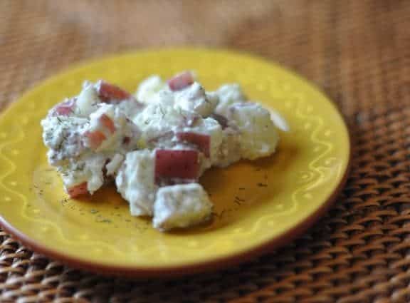 plate of potato salad made from yogurt