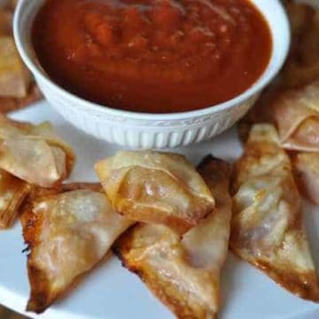pizza won tons and sauce on a plate