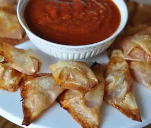 pizza won tons and sauce on a plate