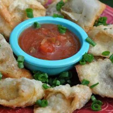 A plate of taco wontons and salsa