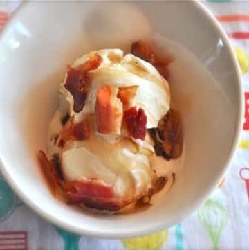 ice cream, maple flavored syrup and bacon