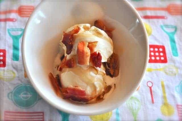 ice cream, maple flavored syrup and bacon