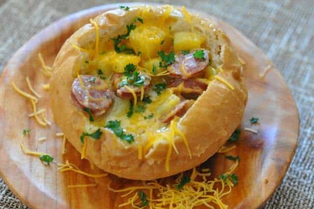 This sausage, potato, and Cheddar cheese stew is perfect to make for a chili day.