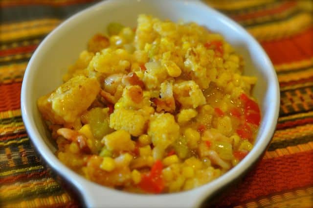 a bowl of homemade Luby's Spanish Indian Baked Corn Casserole