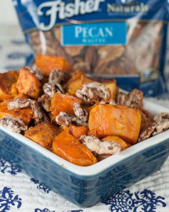 Roasted Sweet Potatoes with Candied Pecans in a baking dish