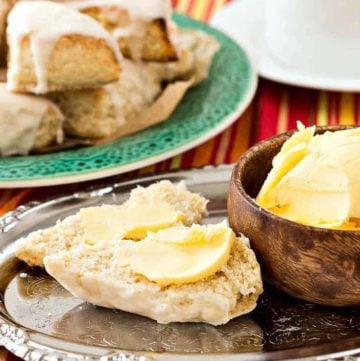 homemade Starbucks petite vanilla scones with vanilla icing and butter