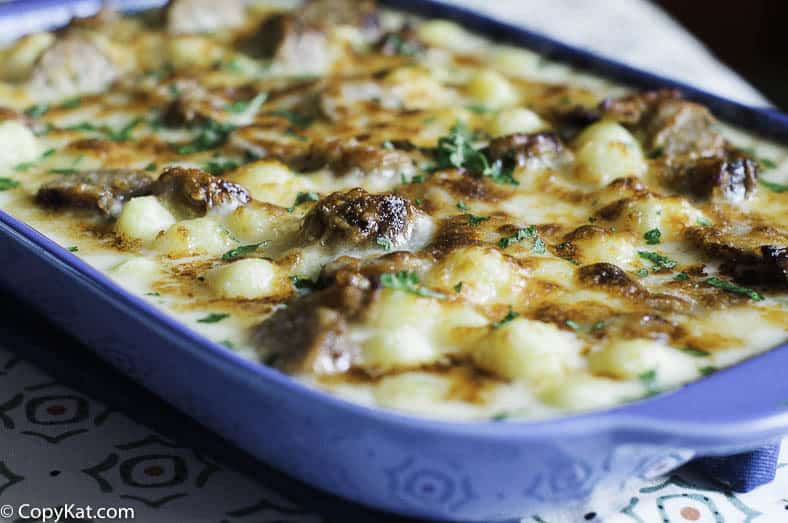 casserole with gnocchi, Italian sausage, and Alfredo sauce