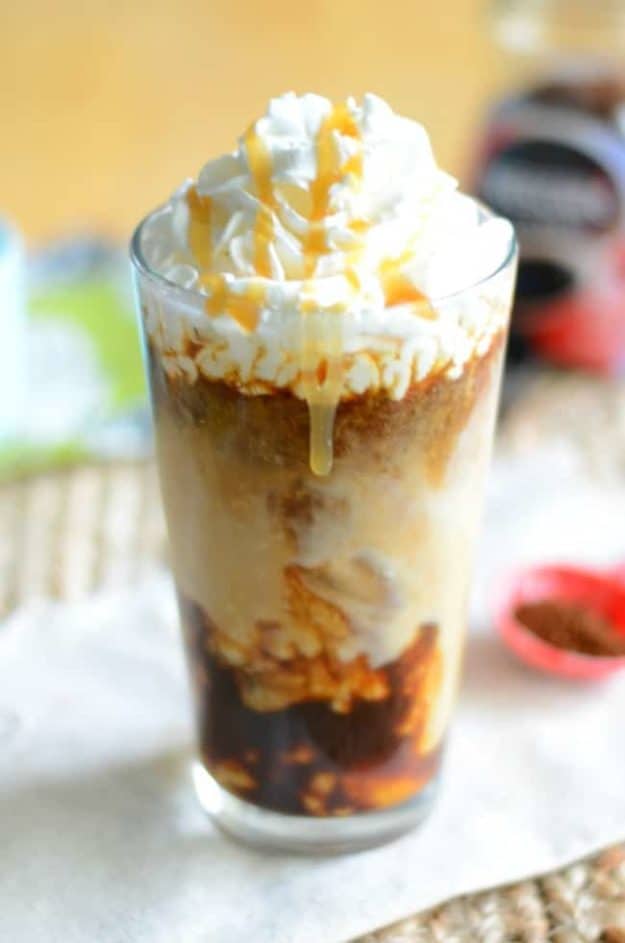 Iced coconut mocha macchiato in a tall glass.