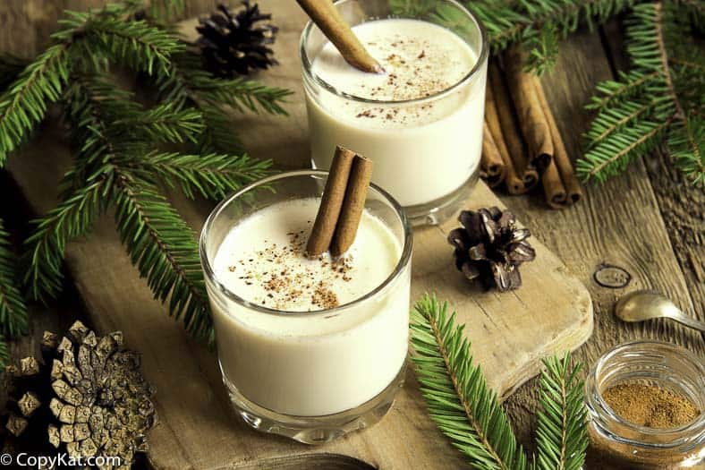 Two glasses of homemade spiked eggnog.