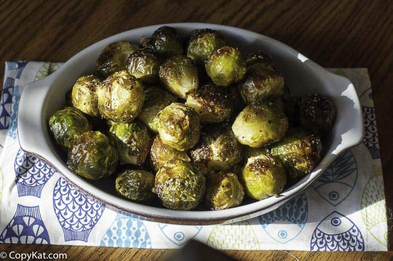 Roasted Brussels sprouts in a baking dish.