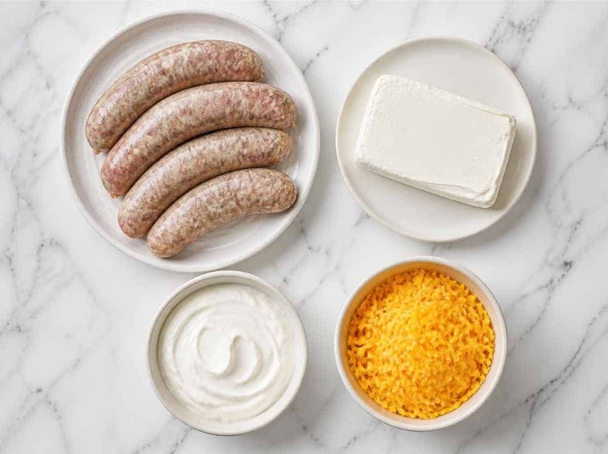 Boudin sausage, cream cheese, cheddar cheese, and sour cream.