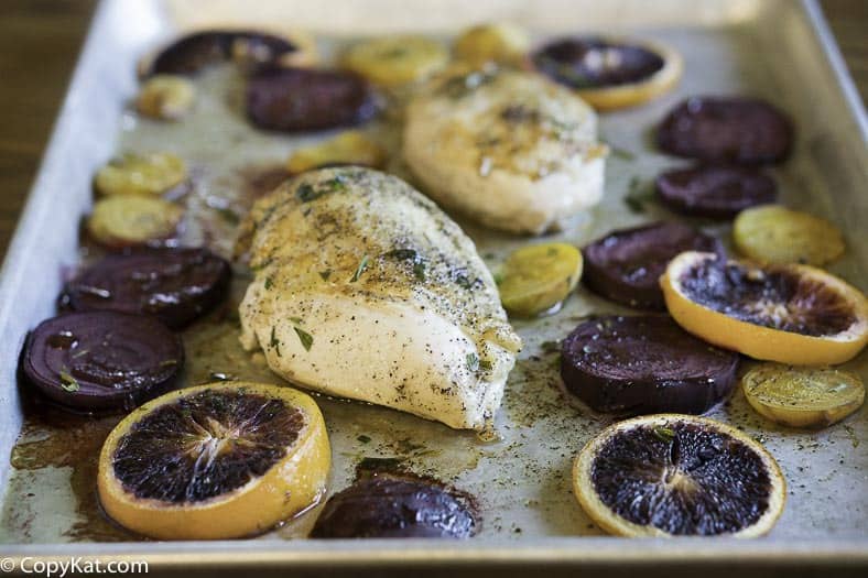 Chicken breasts, beets, oranges, and some fresh herbs make for an easy to prepare dinner. 