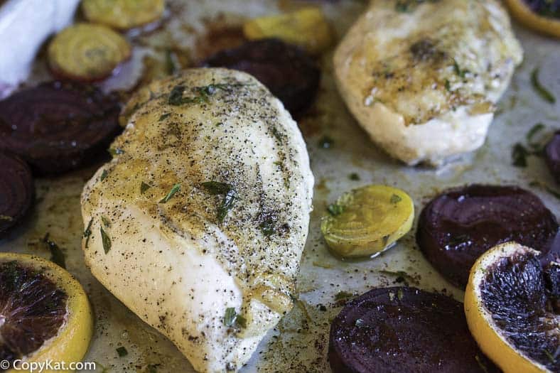 Make easy to prepare chicken and roasted vegetables in your oven in about a half an hour. 