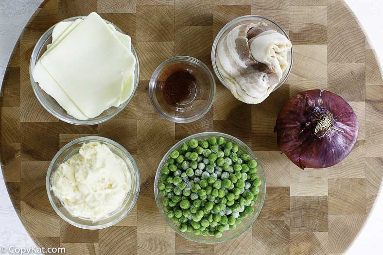 peas, red onions, mayonnaise, bacon, frozen peas and more