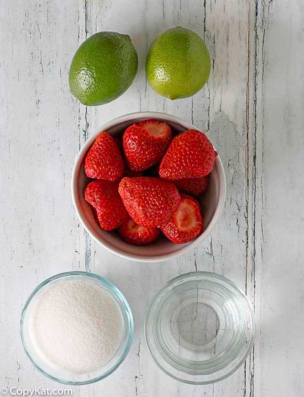 Ingredients for making the copycat Sonic Strawberry Limeade at home. 