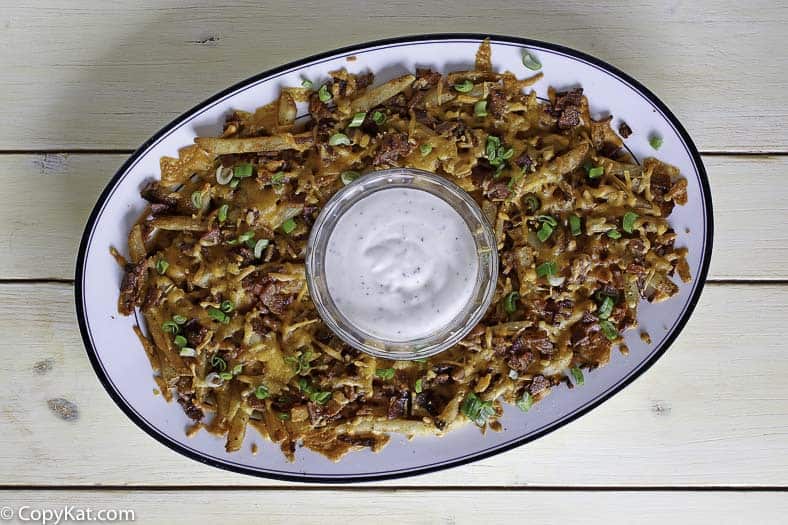 A platter of homemade Cheddars Texas Cheese Fries with ranch dip