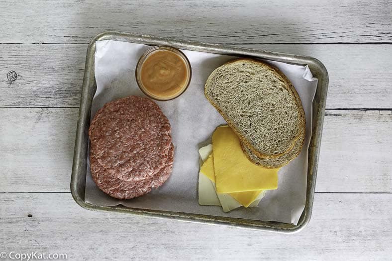 Ingredients for a homemade Steak N Shake Frisco Patty Melt Sandwich