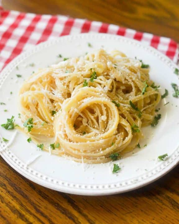 A plate of Spaghetti with Mizithra Cheese and Browned Butter