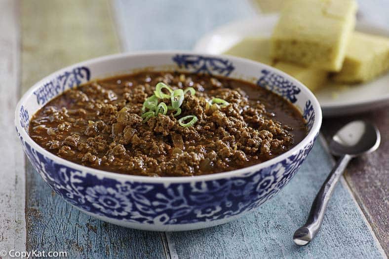 A bowl of homemade Chilis Original style chili. 