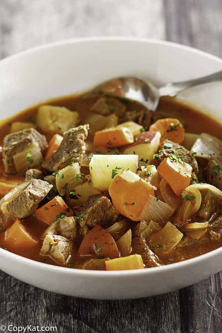 Instant Pot Beef Stew in a white bowl