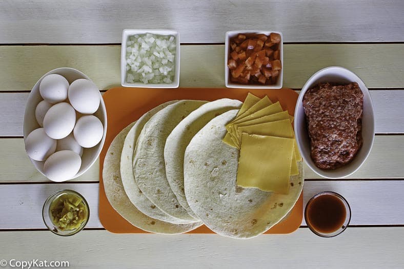 Ingredients for the classic McDonald's Breakfast Burrito. 