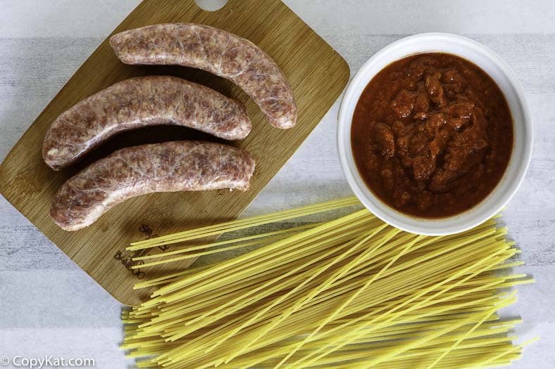 Instant Pot spaghetti and sausage ingredients. 