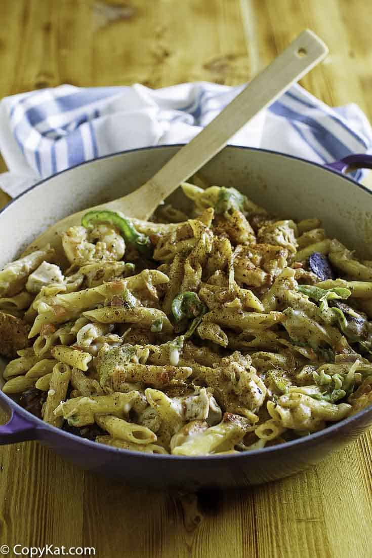 Homemade Cheddar's New Orleans Style pasta in a pan.