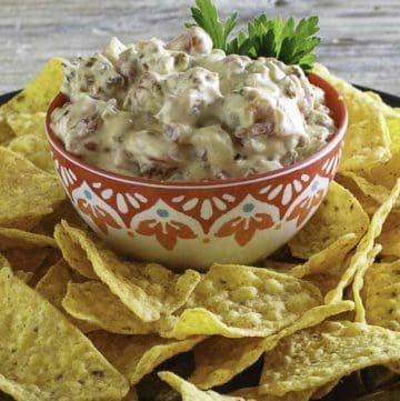 Rotel Cream Cheese Dip with Sausage served in a bowl next to tortilla chips.
