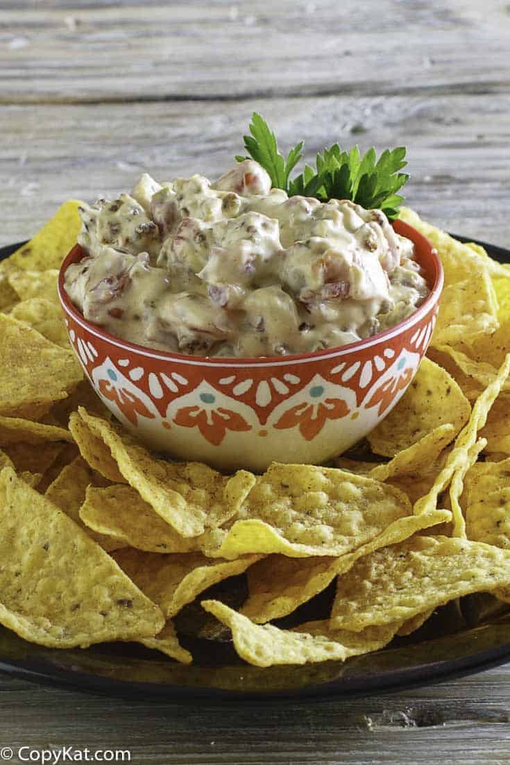Rotel Cream Cheese Dip with Sausage in a bowl on a platter with tortilla chips.
