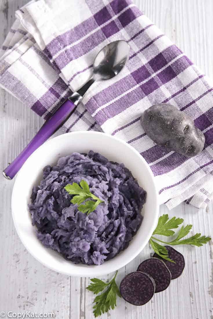 A bowl of purple mashed potatoes