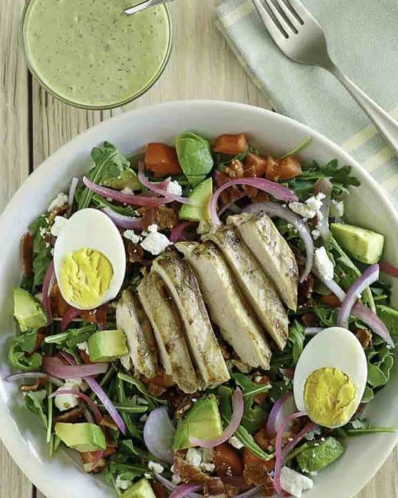 Make your own Panera Bread Green Goddess Cobb Salad at home with this easy copycat recipe. It is the perfect low carb and keto friendly recipe.