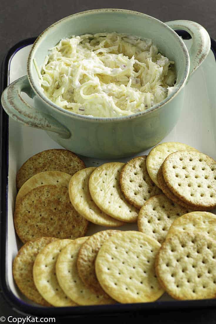 Homemade Kroger Jarlsberg cheese dip and crackers.