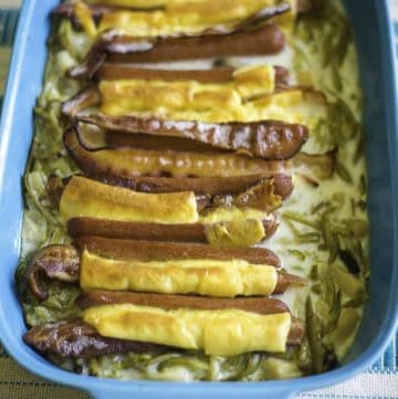Green bean hot dog casserole with bacon and cheese.