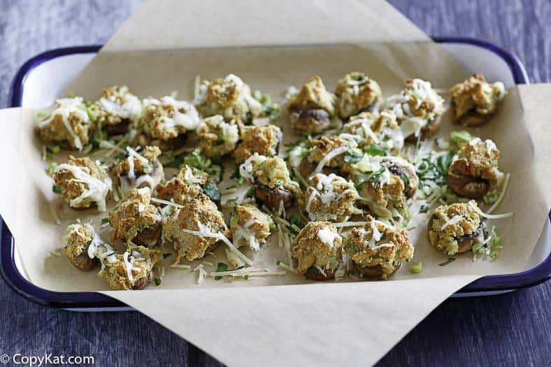 Stuffed mushrooms in a baking dish. 