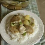 Baked sweet and sour chicken on a bed of white rice.