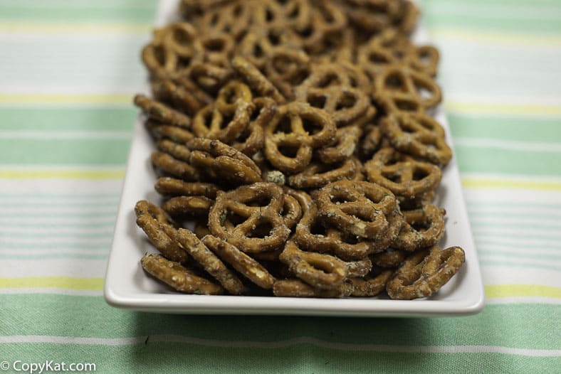 A platter of ranch seasoned pretzels.